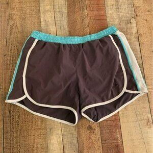 Brooks womens lined running shorts in gray blue and white